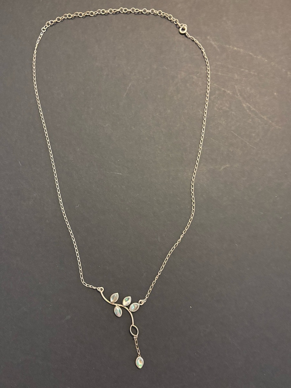 Delicate Silver Leaf Drop Necklace with Opal Accents